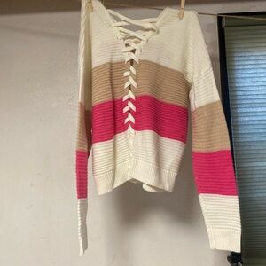 Elegant Lace-Up Colorblock Sweater - Cream, Tan, Pink